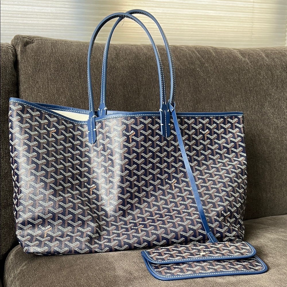 Goyard-like Blue Patterned Tote Bag with Pochette